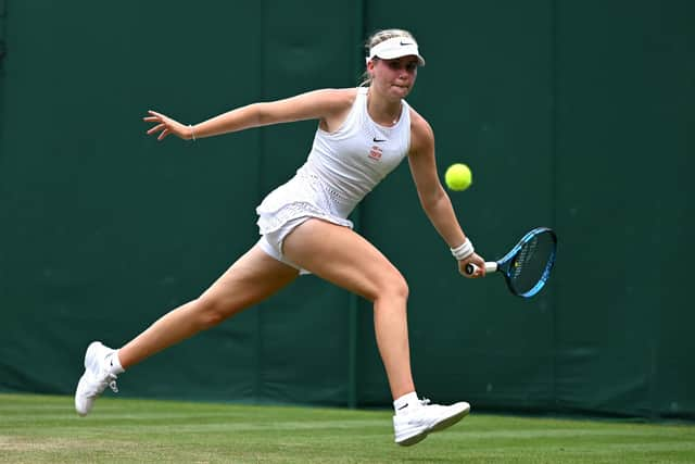 Tennis ace Ella McDonald beat Martina Genis Salas of Spain in the Girl's Singles first round match at Wimbledon. (Photo by Shaun Botterill/Getty Images)