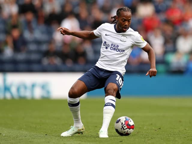 PRESTON, ENGLAND - AUGUST 16: Daniel Johnson of Preston North End runs with the ball during the Sky Bet Championship between Preston North End and Rotherham United at Deepdale on August 16, 2022 in Preston, England. (Photo by Lewis Storey/Getty Images)