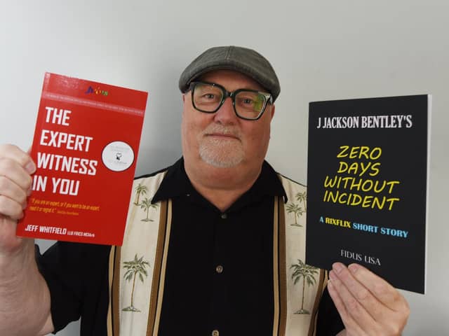 Chorley author Jeffrey Whitfield, who goes by the name of J Jackson Bentley when writing fiction, with some of his published books