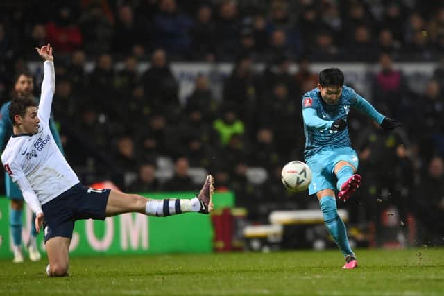 Heung-Min Son of Tottenham Hotspur scores the team's first goal during the Emirates FA Cup Fourth Round match between Preston North End and Tottenham Hotspur