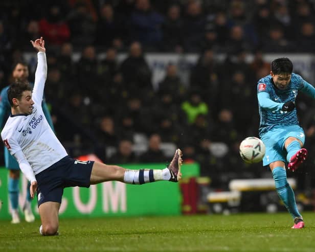 Heung-Min Son of Tottenham Hotspur scores the team's first goal during the Emirates FA Cup Fourth Round match between Preston North End and Tottenham Hotspur