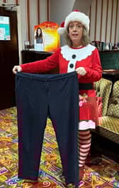 Alwyn, with trousers she can now fit into a single leg of