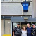 Blue lights save the day! Kimberley Buckley and her dad Martin pictured with lifesaving Chorley police officers
