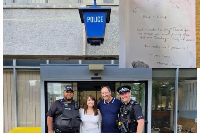 Blue lights save the day! Kimberley Buckley and her dad Martin pictured with lifesaving Chorley police officers