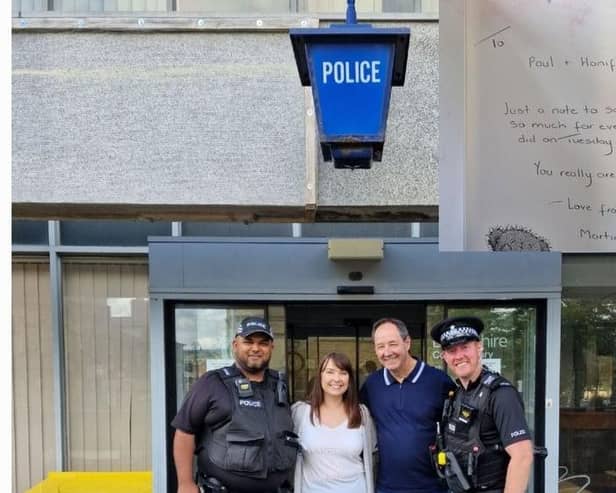 Blue lights save the day! Kimberley Buckley and her dad Martin pictured with lifesaving Chorley police officers