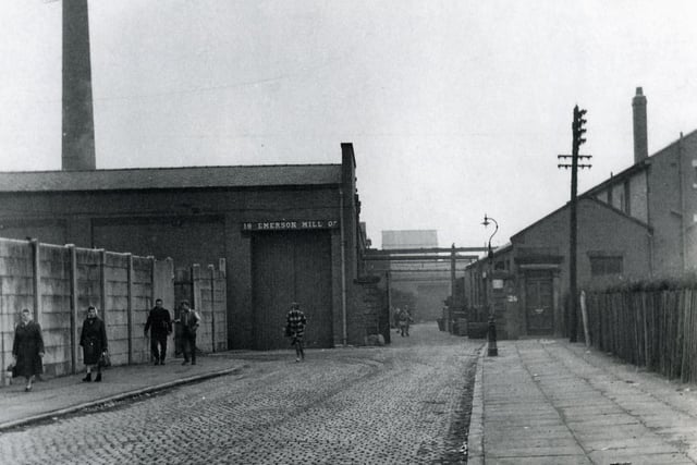 Emerson Mill was built in 1907 and closed in 1965. The complex was originally known as Wharton Mill and was owned by Burrow's Ltd. Barrage balloon material was made there during the Second World War. This picture dates from about 1963