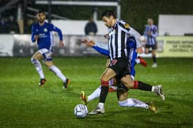 Jon Ustabasi scores Chorley's opener against Boston United (photo: Stefan Willoughby)