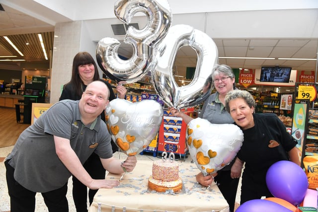 Joining in the birthday celebrations were Jason Conrad, Tracey Durkin, Elaine Ainscough and Dawn Crook who have all been working there since the day it opened