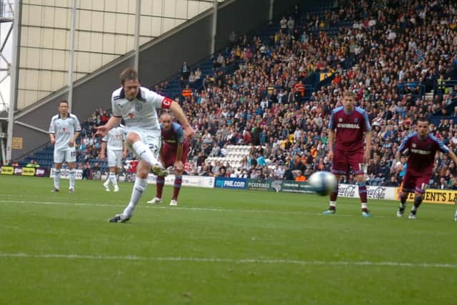 Graham Alexander scores a penalty for Preston North End against Tranmere Rovers at Deepdale
