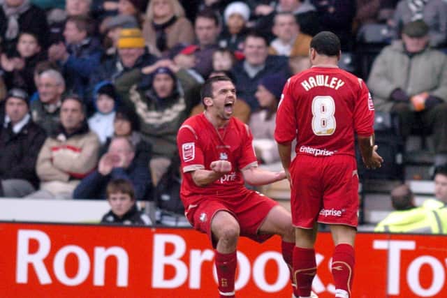 Karl Hawley and Callum Davidson celebrate PNE's third goal against Derby in January 2008