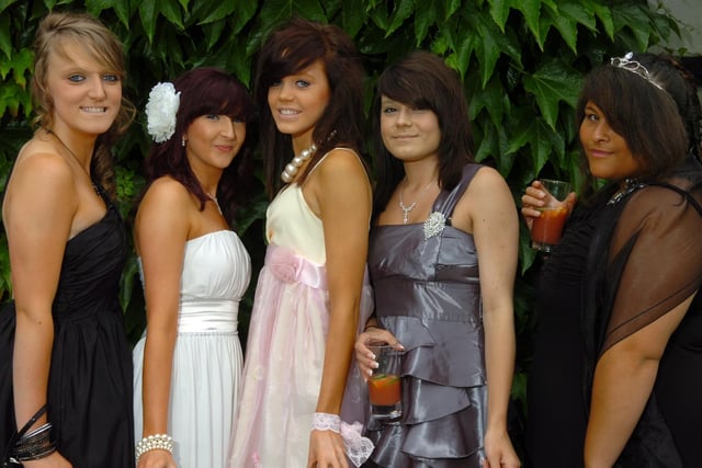 From left, Kathryn Chapman, Kirsty Porter, Alissandra Mollart, Lauren-Amy Bennion, and Jessica Richardson, at the Ashton Community Science College prom at Bartle Hall in 2010