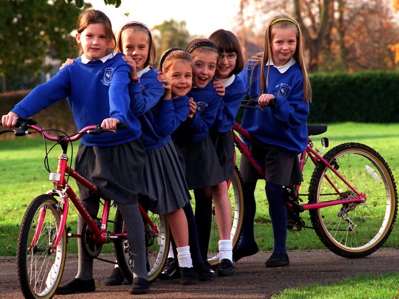 On a bicycle made for six... Hannah Blackburn, Rebecca Gray, Eleanor Jolly, Rachel Rimmer, Cora Fanning, and Gracer Fussell of Our Lady & St Edward Primary School, Fulwood, Preston prepare for their sponsored bike ride
