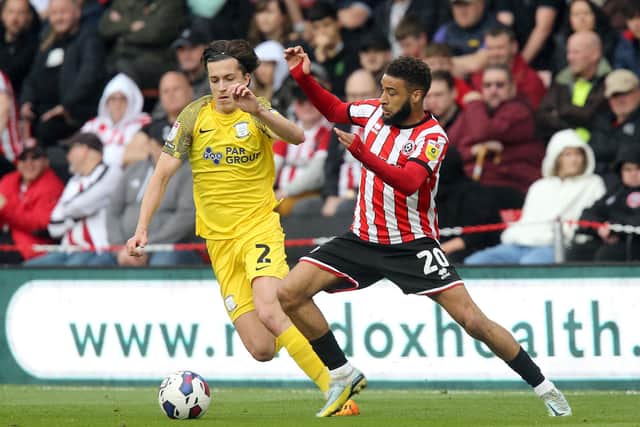 Preston North End's Alvaro Fernandez under pressure from Sheffield United's Jayden BoglePhotographer Rich Linley/CameraSportThe EFL Sky Bet Championship - Sheffield United v Preston North End - Saturday 29th April 2023 - Bramall Lane - SheffieldWorld Copyright © 2023 CameraSport. All rights reserved. 43 Linden Ave. Countesthorpe. Leicester. England. LE8 5PG - Tel: +44 (0) 116 277 4147 - admin@camerasport.com - www.camerasport.com