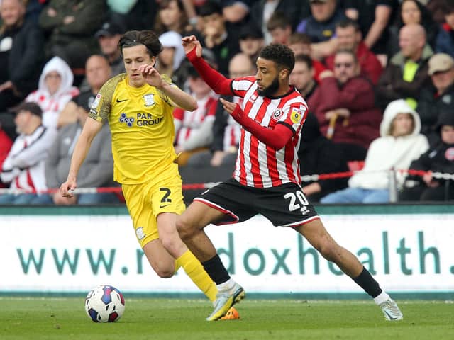 Preston North End's Alvaro Fernandez under pressure from Sheffield United's Jayden BoglePhotographer Rich Linley/CameraSportThe EFL Sky Bet Championship - Sheffield United v Preston North End - Saturday 29th April 2023 - Bramall Lane - SheffieldWorld Copyright © 2023 CameraSport. All rights reserved. 43 Linden Ave. Countesthorpe. Leicester. England. LE8 5PG - Tel: +44 (0) 116 277 4147 - admin@camerasport.com - www.camerasport.com