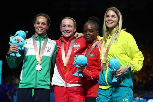 GOLD COAST, AUSTRALIA - APRIL 14:  (L-R) Silver medalist Carly McNaul of Northern Ireland, Gold medalist Lisa Whiteside of England, Bronze medalists Christine Ongare of Kenya and Taylah Robertson of Australia pose during the medal ceremony for the women's 51kg Boxing on day 10 of the Gold Coast 2018 Commonwealth Games at Oxenford Studios on April 14, 2018 on the Gold Coast, Australia.  (Photo by Chris Hyde/Getty Images)