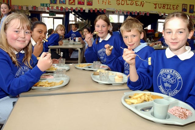Enjoying their school meals at Queens Drive, Fulwood, from left, Emily Paget, Pavanne Kaur-Singh, Katie Eames, Chris Harrison, and Charlotte Rutherford