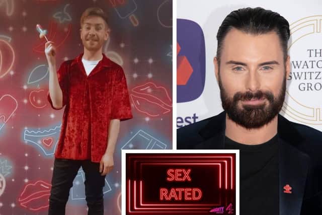 Preston Witch Gideon Allen (left) stars in a Channel 4 show called Sex-Rated hosted by Rylan Clark (right). Image: Submit/Channel 4/Getty
