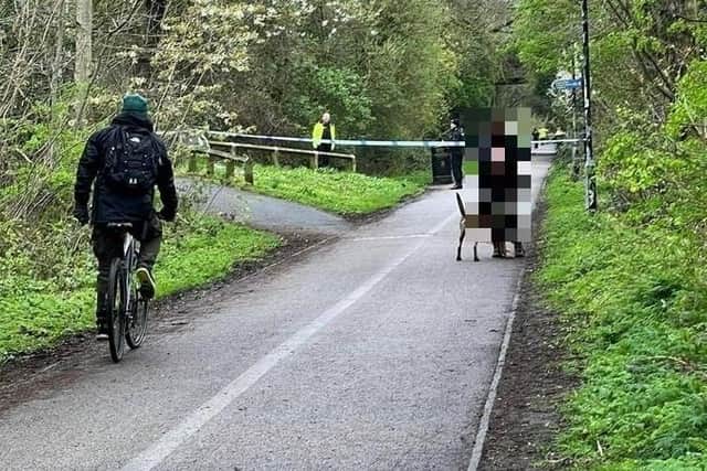 Police at the scene of the assault on the cycle path, close to Ovangle Road, in Lancaster on Tuesday (April 5) morning. Pic credit: Luke Edmondson
