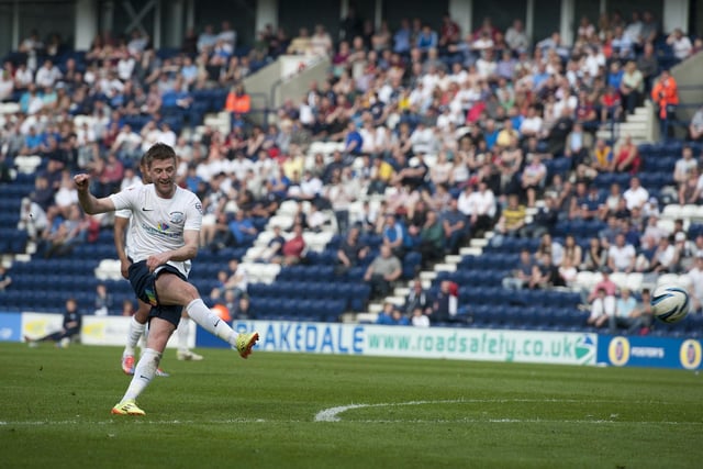Preston North End's Paul Gallagher scores the third goal of his hat-trick and his teams fifth from a free kick on the edge of the penalty area.