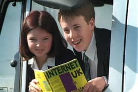 Julie Corrigan and Matthew Williams of All Hallows RC High School in Penwortham, Preston, learn more about the internet on BT's Tech Truck, when it visited the school