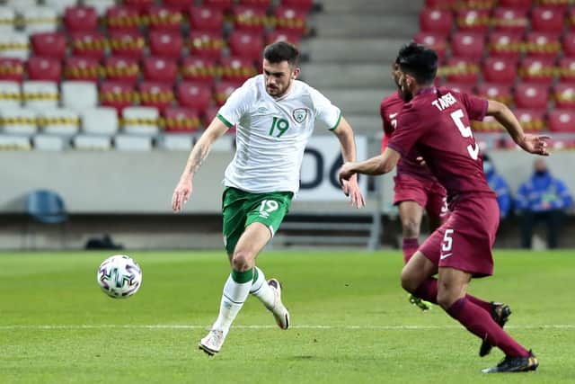 Troy Parrott in action for the Republic of Ireland against Qatar.