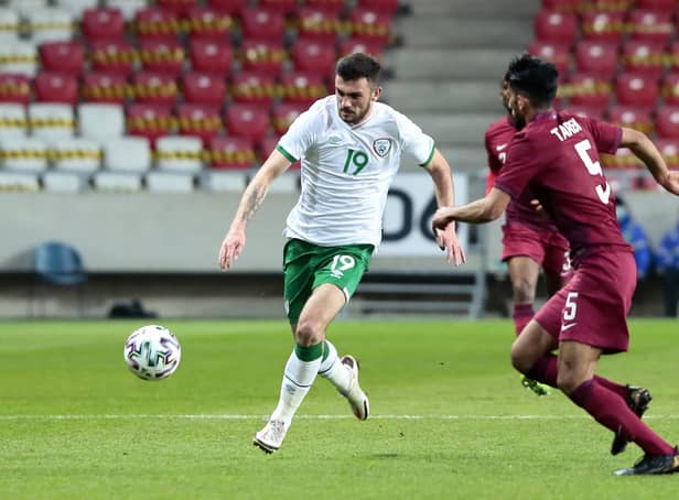 Troy Parrott in action for the Republic of Ireland against Qatar.