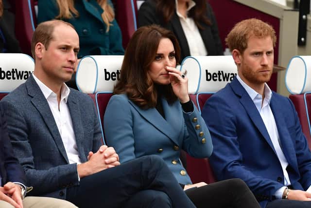 The then Duke and Duchess of Cambridge and the Duke of Sussex (right) at West Ham United's London Stadium