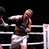 SHEFFIELD, ENGLAND - NOVEMBER 11: Lisa Whiteside and Eva Cantos exchange blows during their Super Bantamweight fight at Sheffield Arena on November 11, 2022 in Sheffield, England. (Photo by George Wood/Getty Images)