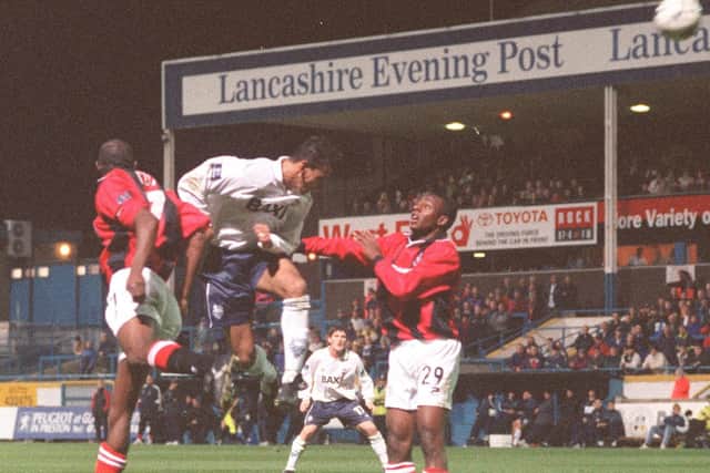 Preston North End striker Kurt Nogan challenges in the air against Bournemouth at Deepdale in November 1999