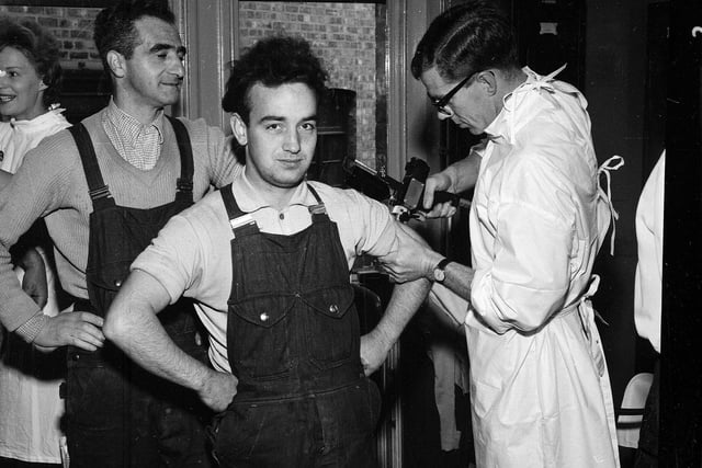 Influenza injections given to workers at Lorimer and Clarks Brewery, in Slateford Road, in October 1963.