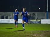 Charlie Bailey celebrates his winning goal against Morpeth Town (photo:Phil Dawson)