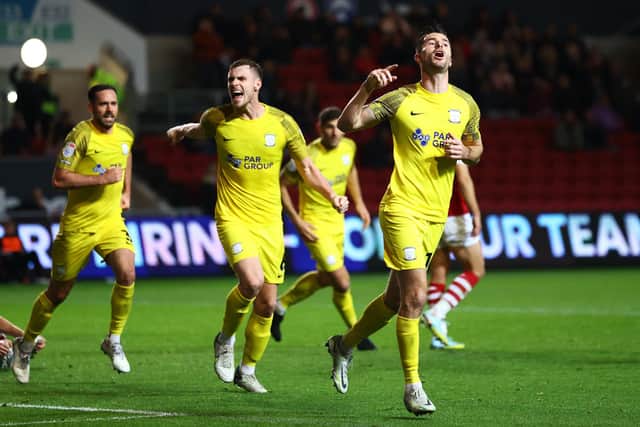Andrew Hughes of Preston North End celebrates after scoring their team's goal during the Sky Bet Championship between Bristol City and Preston North End at Ashton Gate.