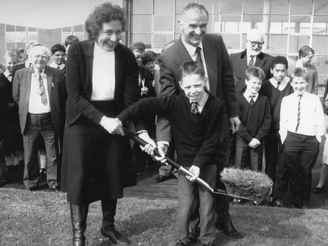 In 1989 Lancashire's education committee chairman, Coun Josie Farrington, rolled up her sleeves and started digging to mark the launch of a brand new high school. The special sod-turning ceremony was held to mark the start of work on the new Ribbleton Hall High School - to replace the existing building which was earmarked for closure because of structural problems. Pictured: Youngest pupil Lee Froom cuts the first sod assisted by head teacher Ray McDonald and Coun Farrington