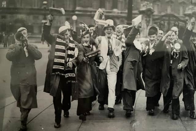 PNE fans in the 1950s on their way to the FA Cup final, with Tom Sandells' grandfather, Sandy, centre