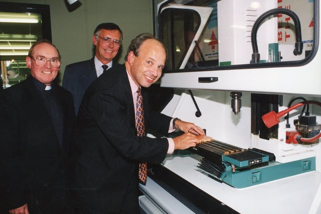 In 1995 All Hallows RC High School in Penwortham was the first, and so far only, official technology college in South Ribble. Pictured: Head of education at British Aerospace Chris Rogan offers advice to head of All Hallows Mike Flynn (back right) and chairman of governors Fr Bernard Growney, left