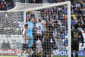 A scramble on the goalline during Preston North End's victory against Queens Park Rangers at Deepdale