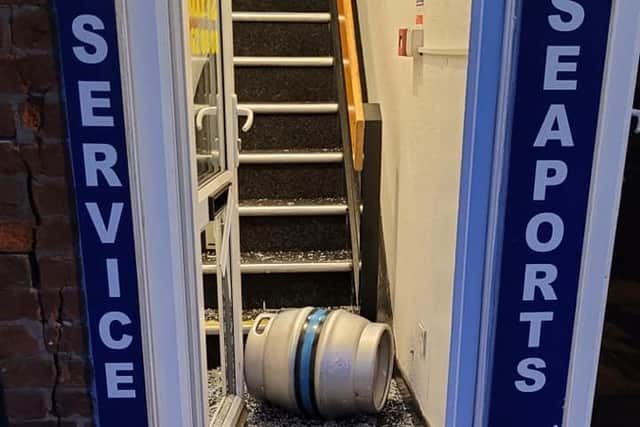 Hooligans broke into Tardy Gate Travel in Lostock Hall by smashing a front door window with a beer barrel.