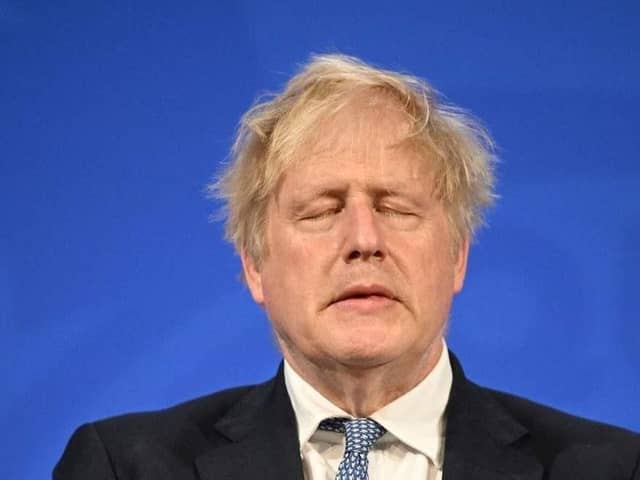 The face says it all - Former Prime Minister Boris Johnson holds a press conference in response to the publication of the Sue Gray report Into "Partygate" at Downing Street. The report found that Downing Street parties at the height of Covid were of a 'serious failure' while members of the public had adhered to the 'Stat at Home' rule. 12 events were to be investigated including a gathering in the Downing Street flat and an event to mark Mr Johnson's birthday in June 2020