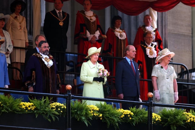 The Queen and Prince Phillip on the steps of the Harris Museum and Art Gallery in Preston during her Jubilee visit