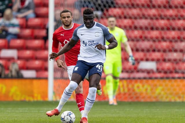 Preston North End defender Bambo Diaby in action against Barnsley at Oakwell