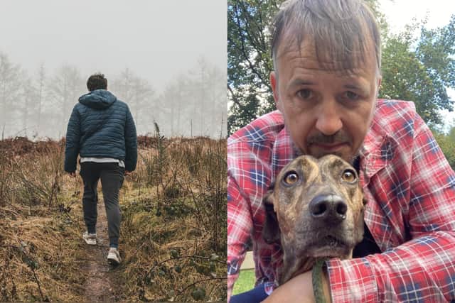 Trust House Lancashire has set up a ‘Walk and Talk’ group for men. Right: leader of the group, Neil Whalley with his dog.
