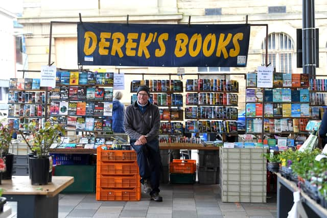 Derek Walsh on Derek's Books stall, Preston Market