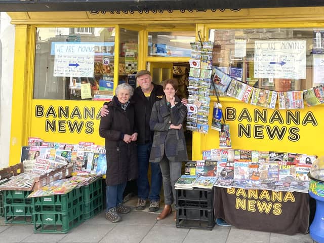 Mary and David Brass outside their business, Banana News, with their daughter Su Taylor. The shop is moving from Castle Street to Moor Lane and Su is taking over the reins