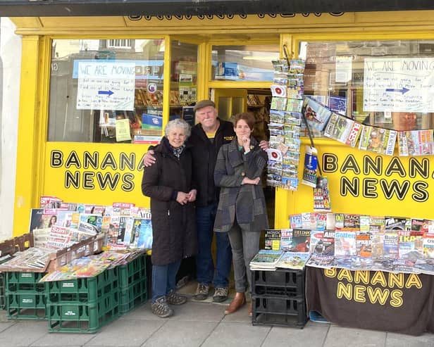 Mary and David Brass outside their business, Banana News, with their daughter Su Taylor. The shop is moving from Castle Street to Moor Lane and Su is taking over the reins
