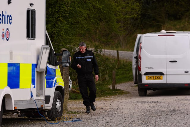 Police at the scene of Gisburn Forest where they are searching for missing Burnley woman Katie Kenyon. Photo: Kelvin Stuttard