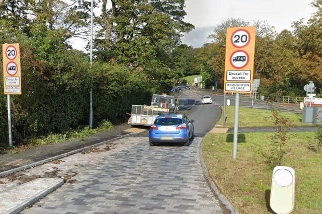 The southern gateway to Broughton village aims to encourage drivers to use the bypass - but it does not actively ban them form taking the the once main route north towards Lancaster (image: Google)