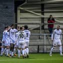 Fylde Striker Mo Faal celebrates after scoring at close range to make it 3-1  to the Coasters. Photos: Steve McLellan
