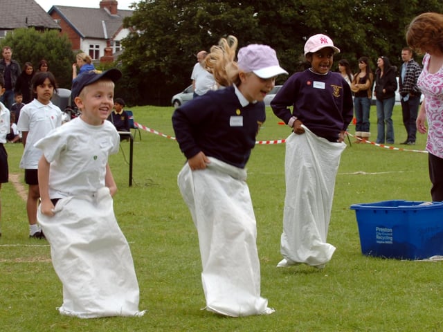 The traditional sack race during sports Day for the infants at Fulwood and Cadley Primary School