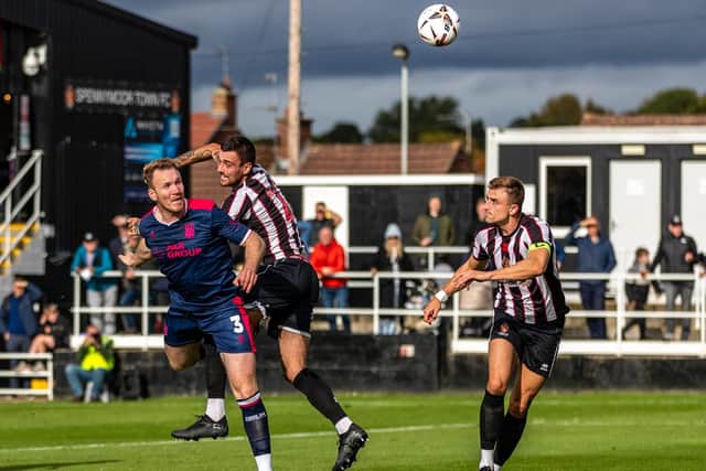 Mark Ellis has a header on goal in the defeat at Spennymoor (photo: James Harrison)