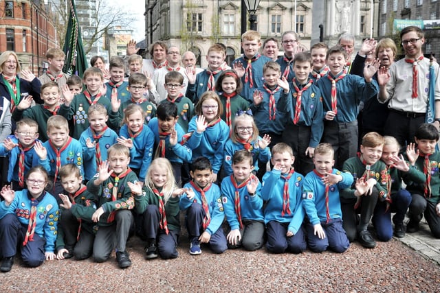 Members of the 1st Broughton Beavers, Scouts and Cubs gather for the Preston St George's Day Procession in 2018